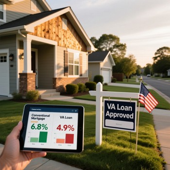 VA loan approval graphic highlighting lower interest rates for veterans and active military members.  