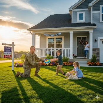 A soldier and his family joyfully play with a ball in front of their new home, enjoying quality time together.  