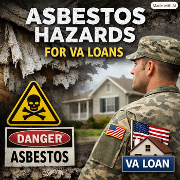 Graphic warning: “Asbestos hazards for VA loans,” showing a veteran facing a damaged home, skull-and-crossbones sign, and danger label.