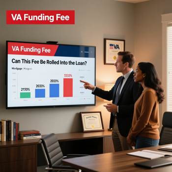 Two people in an office discussing the VA funding fee, with a TV screen displaying relevant information in the background.  