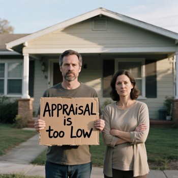 Visual of a home appraisal document marked "too low," featuring the VA escape clause for potential buyers.  