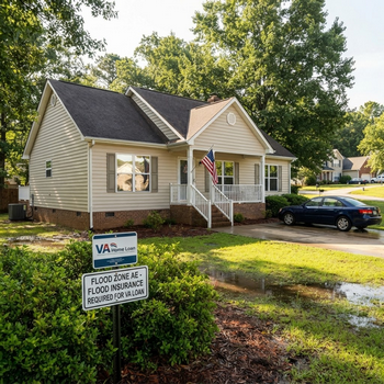 Charming suburban home with American flag, raised front porch, parked car, and yard sign warning of flood zone and required insurance.