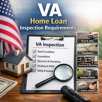 Visual guide outlining VA home loan inspection requirements for prospective homeowners.  