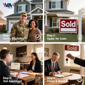 A soldier is signing house purchase documents with assistance from a man and woman, showcasing a VA loan option.