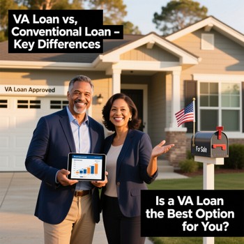 Happy VA home buyers comparing VA and conventional loan differences in a friendly setting. 