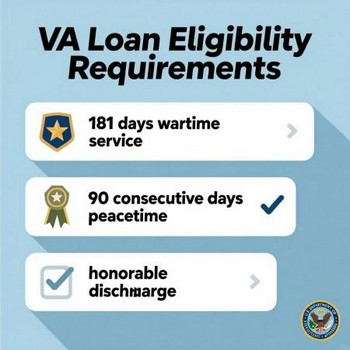 Infographic outlining VA loan eligibility requirements for veterans and active-duty service members. 