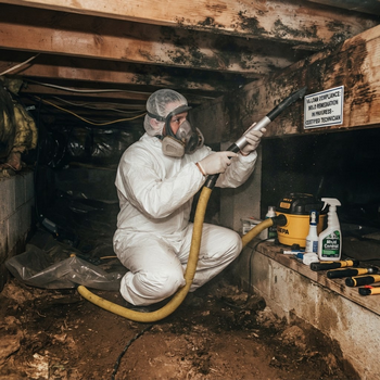 Worker in white protective gear sprays mold treatment on crawlspace beams, surrounded by hoses and cleaning supplies; gritty remediation scene.
