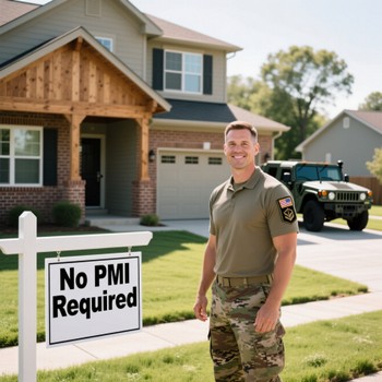 Soldier standing confidently in front of a "No PMI Required" sign, symbolizing military readiness and assurance.  