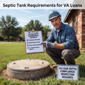 Construction worker kneels beside a septic tank holding a VA loan septic requirements checklist; sign says inspection required.