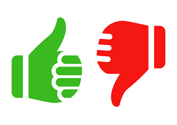 Pros and cons of VA loans illustrated with thumbs up and down icons