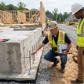 Construction inspectors in hard hats and safety vests examine rebar and a concrete foundation beside a framed house at a residential building site.
