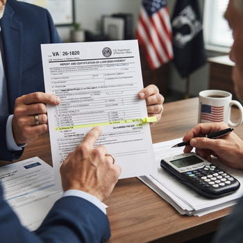 People review a VA disability compensation form at a desk, with highlighted sections, calculator, coffee, and U.S. and military flags behind them.