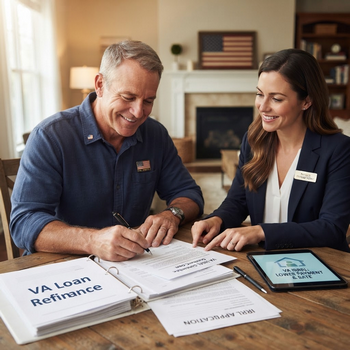 Smiling veteran and female loan advisor review and sign VA loan refinance paperwork at a warm office table, with documents and tablet visible.