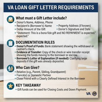 Infographic outlining VA loan gift letter requirements, including donor details, documentation, eligible givers, and allowable closing costs.