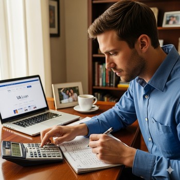 Man using a laptop and calculator, focused on VA loan payment questions and answers.  