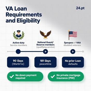 Infographic outlining VA loan requirements and eligibility criteria for veterans and active-duty service members.  