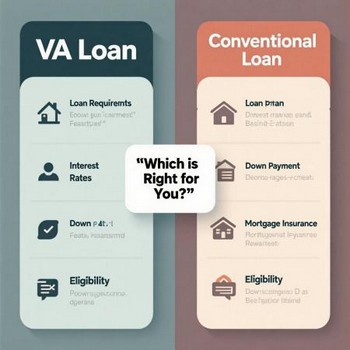 VA loan vs conventional loan comparison chart highlighting down payment, PMI, and interest rate differences