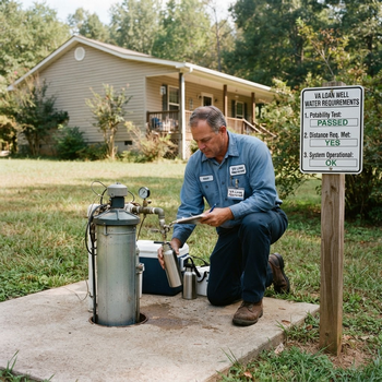 Water treatment technician kneels beside a residential well, inspecting equipment as a nearby sign confirms passed water quality and safety checks.