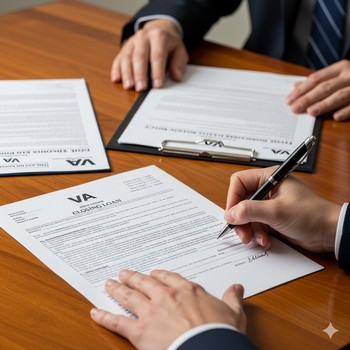 Two people at a table reviewing VA settlement documents with papers and pens scattered around them.  