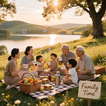 A family gathered for a picnic in the countryside, sharing food and laughter under a clear blue sky.  